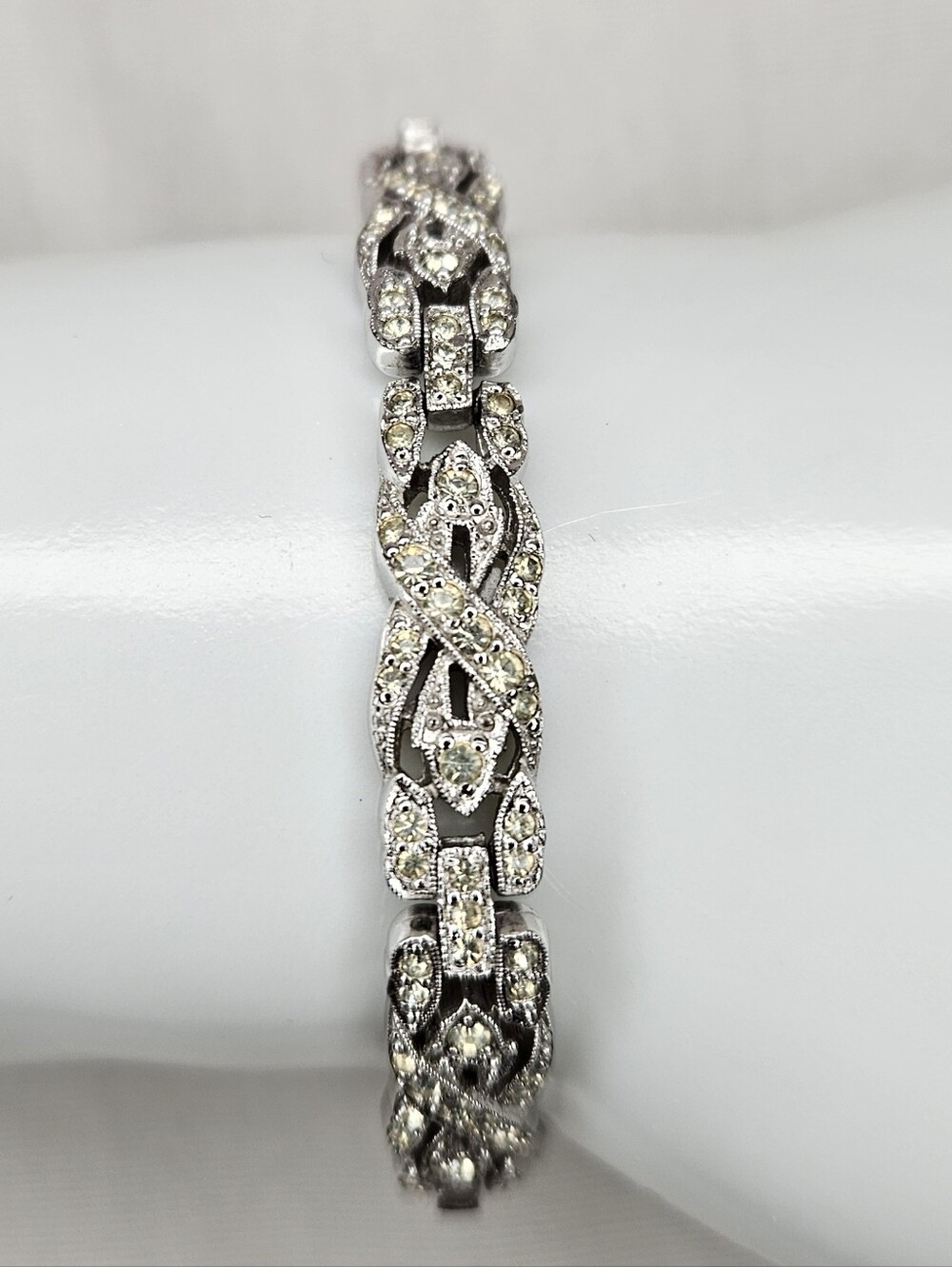 Vintage 1950s Signed Ledo Rhodium Clear Rhinestone Art Deco Link Bracelet 7"